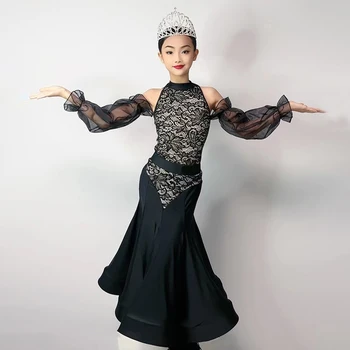 Новые современные платья для танцев, Детское профессиональное платье для латиноамериканских танцев, костюм для соревнований по бальным танцам для девочек, длинное платье SL9146