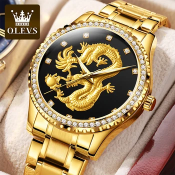OLEVS 2022 Модные мужские новые кварцевые часы с тисненым рисунком дракона и бриллиантами, светящиеся водонепроницаемые мужские часы
