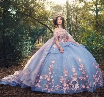 Небесно-Голубые Кружевные Пышные Платья принцессы С Цветочной Вышивкой Бисером Charro Mexican Vestidos De 15 Anos Sweet 16 Pageant Dress