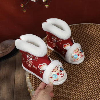 Обувь с вышивкой Hanfu Для девочек, Зимние Детские Хлопчатобумажные сапоги Для выступлений, Модные Детские Сапоги Принцессы В Традиционном Китайском Стиле