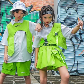 Детская одежда для уличных танцев в стиле хип-хоп Для девочек и мальчиков, зеленая одежда, жилет для джазовых танцев, сценический костюм, рейв-одежда BL6772