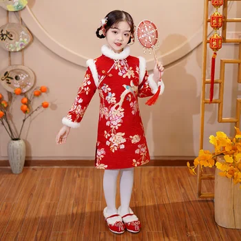 2023 Новинка Зимы, Винтажное Детское Китайское Традиционное Платье Ципао Для Девочек С Цветочным Узором, Красное Китайское Новогоднее Платье