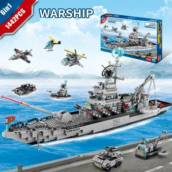 Военная Модель военного корабля, Строительные блоки 6 в 1, Строительный крейсер, океанский корабль, Вертолет, истребитель, Строительная Городская Детская игрушка