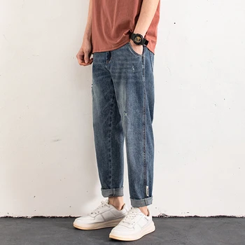 Весенне-летняя уличная одежда, мешковатые хлопчатобумажные джинсовые брюки, мужские Корейские модные Свободные джинсовые брюки с прямыми отверстиями, Мужской бренд Z39