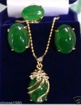 Ювелирные изделия Изысканный зеленый нефритовый кулон Ожерелье кольцо серьги/комплект