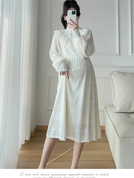 Весна 2024, Корейский стиль, Модное кружевное платье для беременных, водолазка с длинным рукавом-фонариком, праздничное платье для беременных, платье для беременных