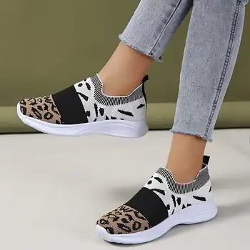 Повседневная спортивная обувь с цветным леопардовым рисунком для женщин, легкие дышащие кроссовки без застежки для бега