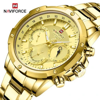 NAVIFORCE Роскошные золотые кварцевые часы для мужчин, военно-спортивные наручные часы, светящиеся водонепроницаемые мужские часы с большим циферблатом из нержавеющей стали