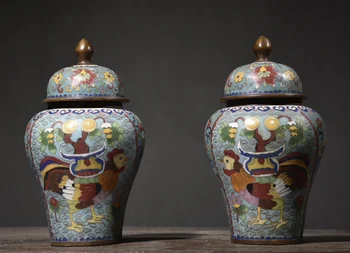 Коллекция Тибетского храма 10 дюймов, Старинная бронза, перегородчатая эмаль, текстура петушиного цветка, общий резервуар для хранения, Пара украшений, городской дом
